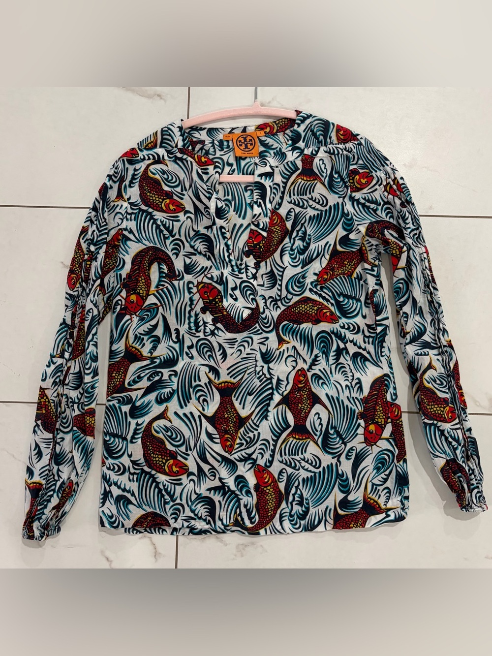 Tory Burch Koi Fish Print Long-Sleeve Popover Top 0